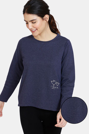 Buy Zivame Fleece Marl Knit Cotton Sweatshirt With Soft Brushed Back - Crown Blue